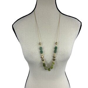 Universal Thread Beaded Necklace Green Stone Gold Tone Boho Statement New